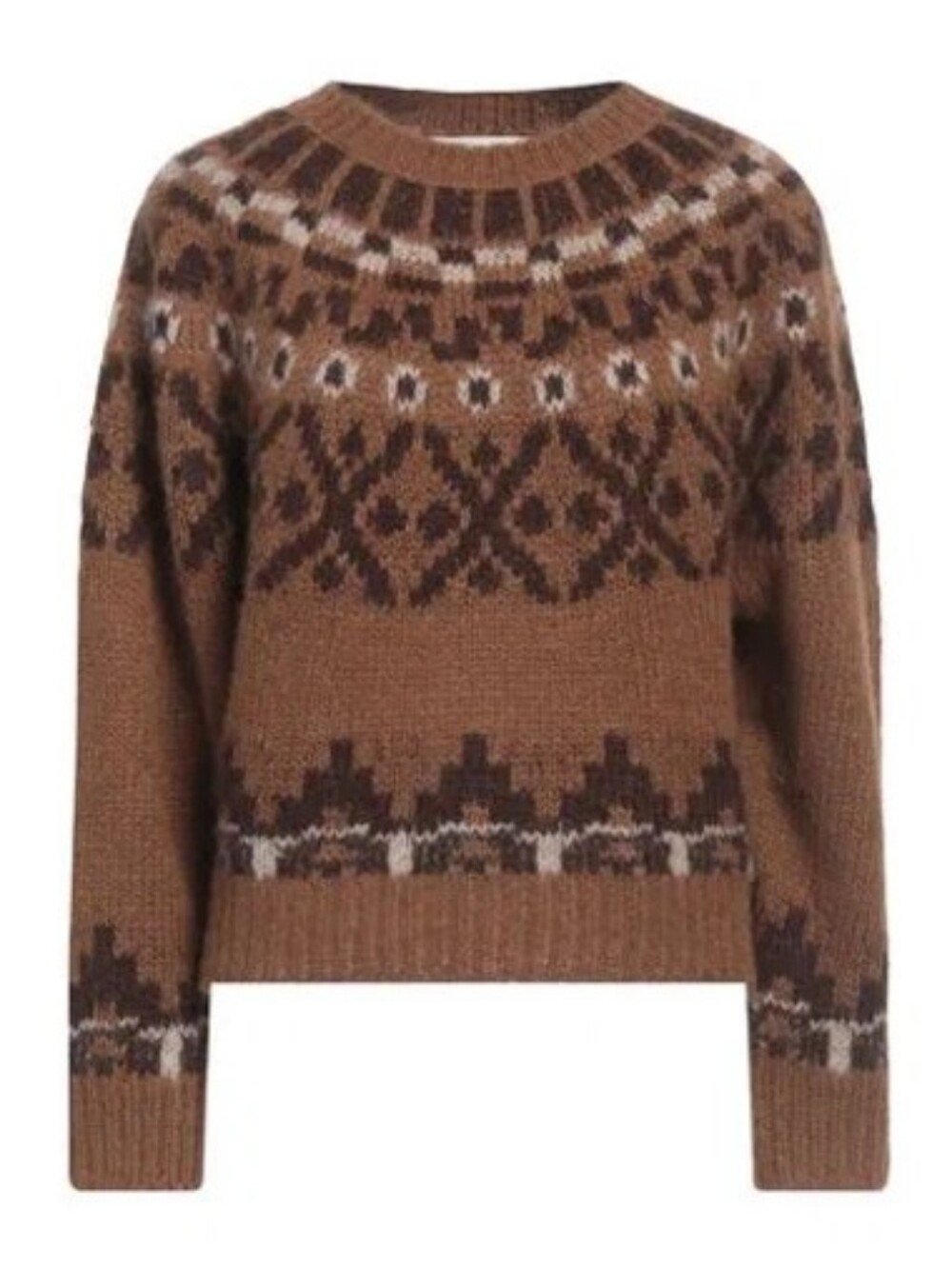 Moon River Women's Fair Isle Hairy Pullover Sweater Camel Multi Brown Colour